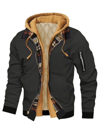 Jaqueta masculina de moletom com capuz outono inverno casual cor sólida falsa de duas peças com zíper e manga comprida quente