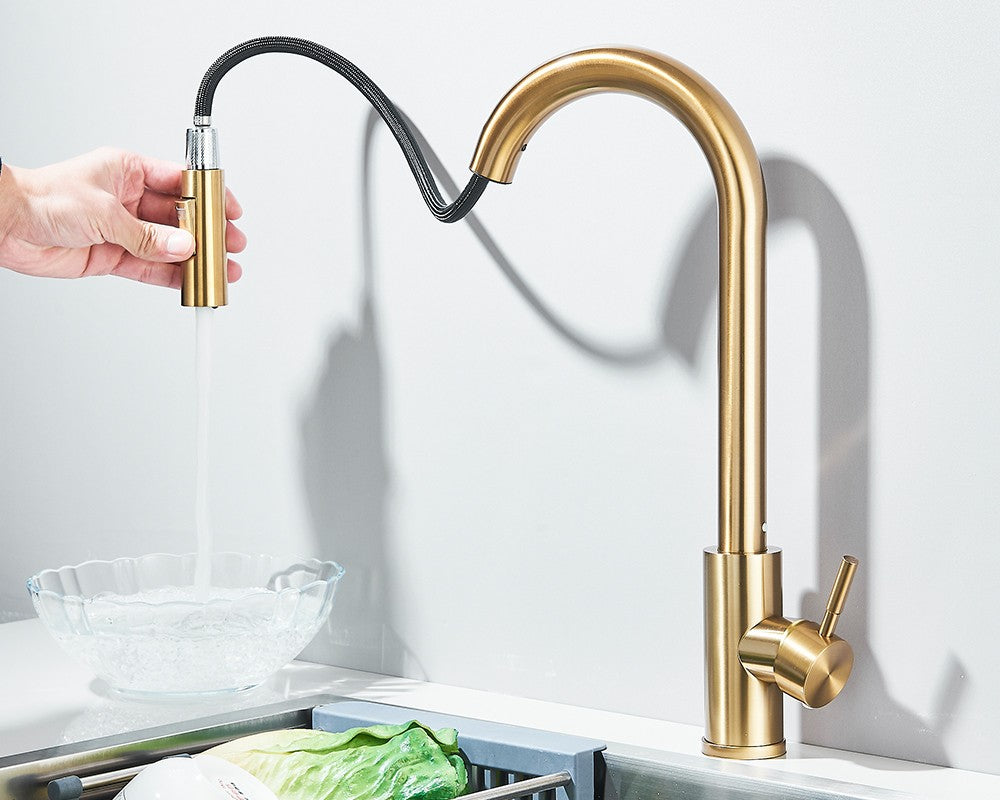 Torneira Misturadora de Cozinha Monocomando Quente e Frio com Bico Extensível e Duas Funções, Montada na Bancada