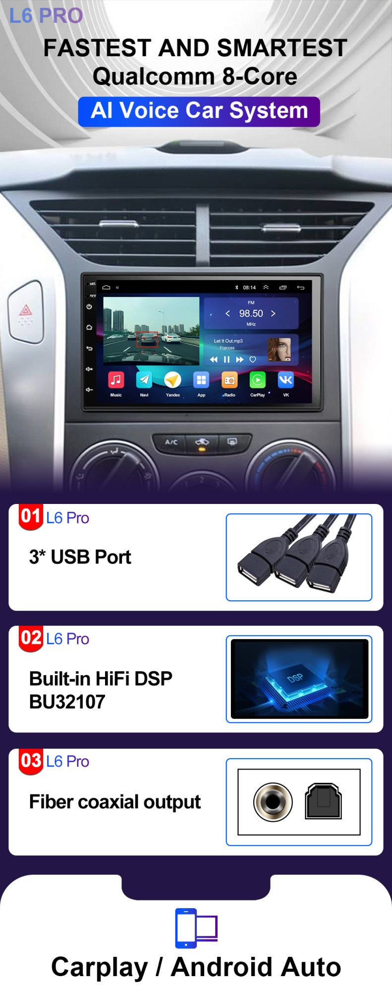 LEHX Universal 7 Inch 2 din Android 15 Car Radio 2.5D QLED Screen Car Multimedia Player Carplay Android Auto Stereo Autoradio