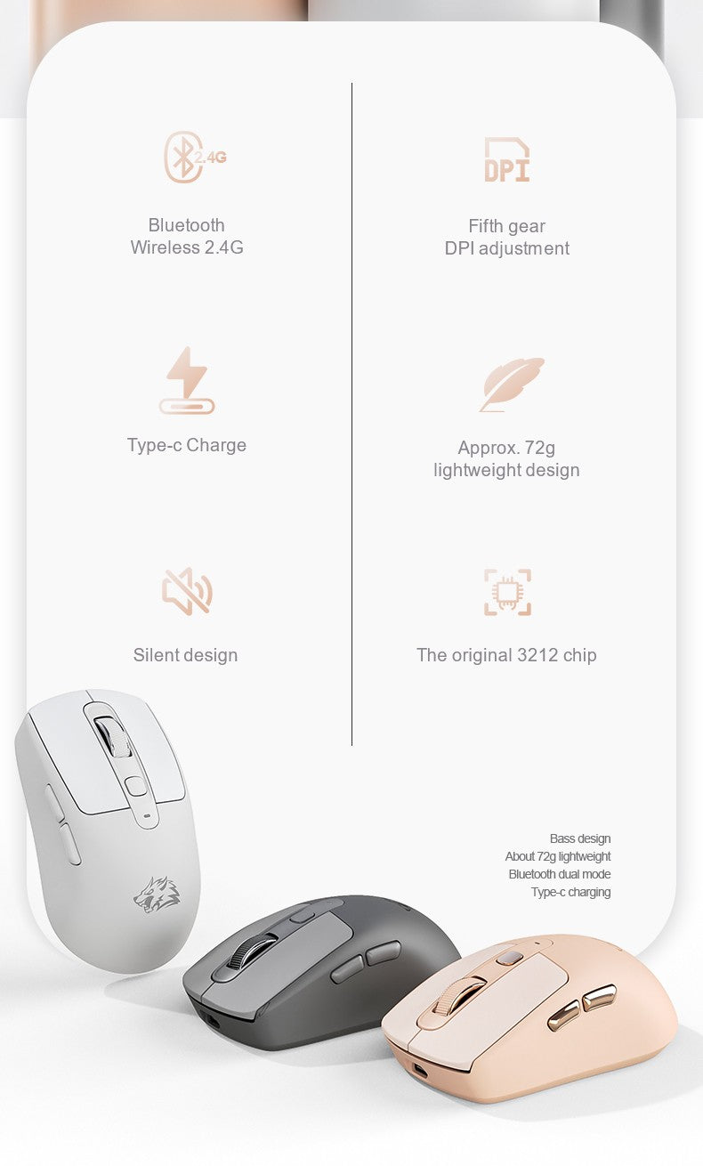 FREEWOLF A3 Wireless Silent Mouse ABS Pink Skin Not Fade Bluetooth Dual Mode Power Linght,5-Speed DPI,PAW3212 Chip Silent Design