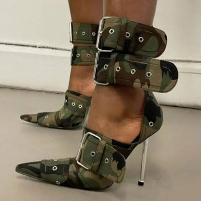 Denim Metal Rivet Buckle Silver Sandals Women's Sexy Punk Style Pointed Metal Hollow 12cm High Heels Size 34-43 Womens Shoes