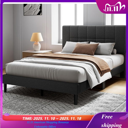 Queen Bed Frame with 12 Thickened Legs&Fabric Upholstered Headboard,1300 lbs Strong Weight Capacity, Adjustable Headboard