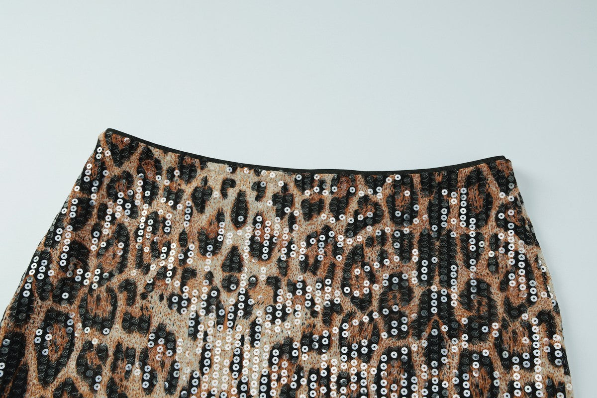 Dulzura Summer Latest Fashion Elegant High Waist Sequins Sexy Slim Leopard Print Short Skirt Party Club Street Clothes Wholesale