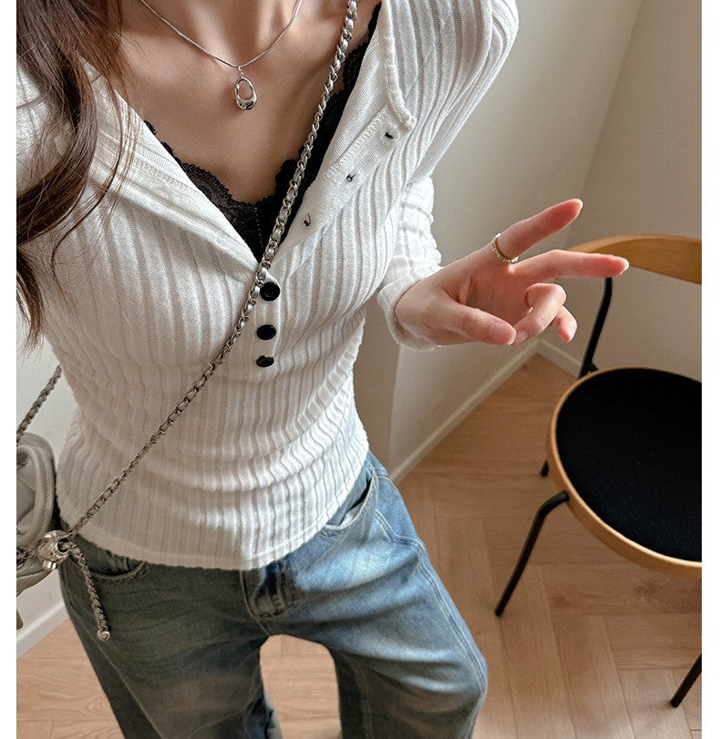 Lace Slim-fitting Bottoming Shirt Fake Two Piece Long Sleeve T-Shirt Women Chic Button Pit Striped Tops Autumn Winter Base Tees