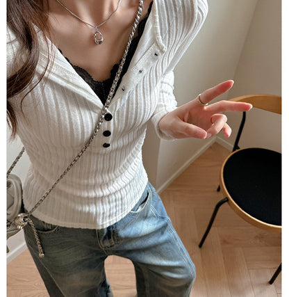 Lace Slim-fitting Bottoming Shirt Fake Two Piece Long Sleeve T-Shirt Women Chic Button Pit Striped Tops Autumn Winter Base Tees