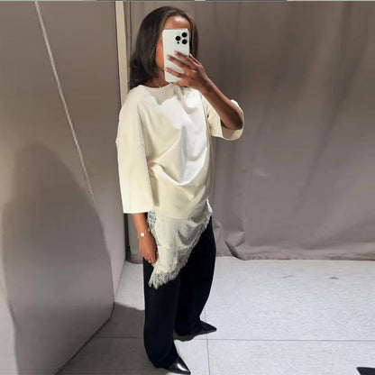 Fashion Lace Patchwork Mid Sleeve Tops for Women Elegant O Neck Loose Female T-shirt Spring New Lady Solid Shirts High Street