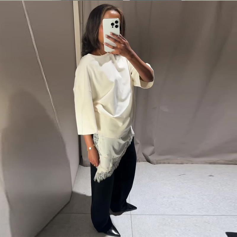 Fashion Lace Patchwork Mid Sleeve Tops for Women Elegant O Neck Loose Female T-shirt Spring New Lady Solid Shirts High Street
