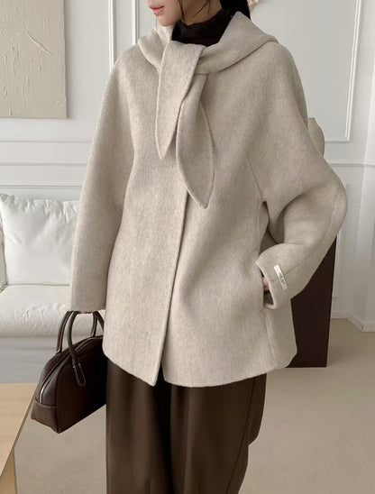 Korean Sle Woolen Coat Women's Chic Temperament Sweet Bow Tie Collar Hooded Warm Woolen Coat Long Sve Mid-Length