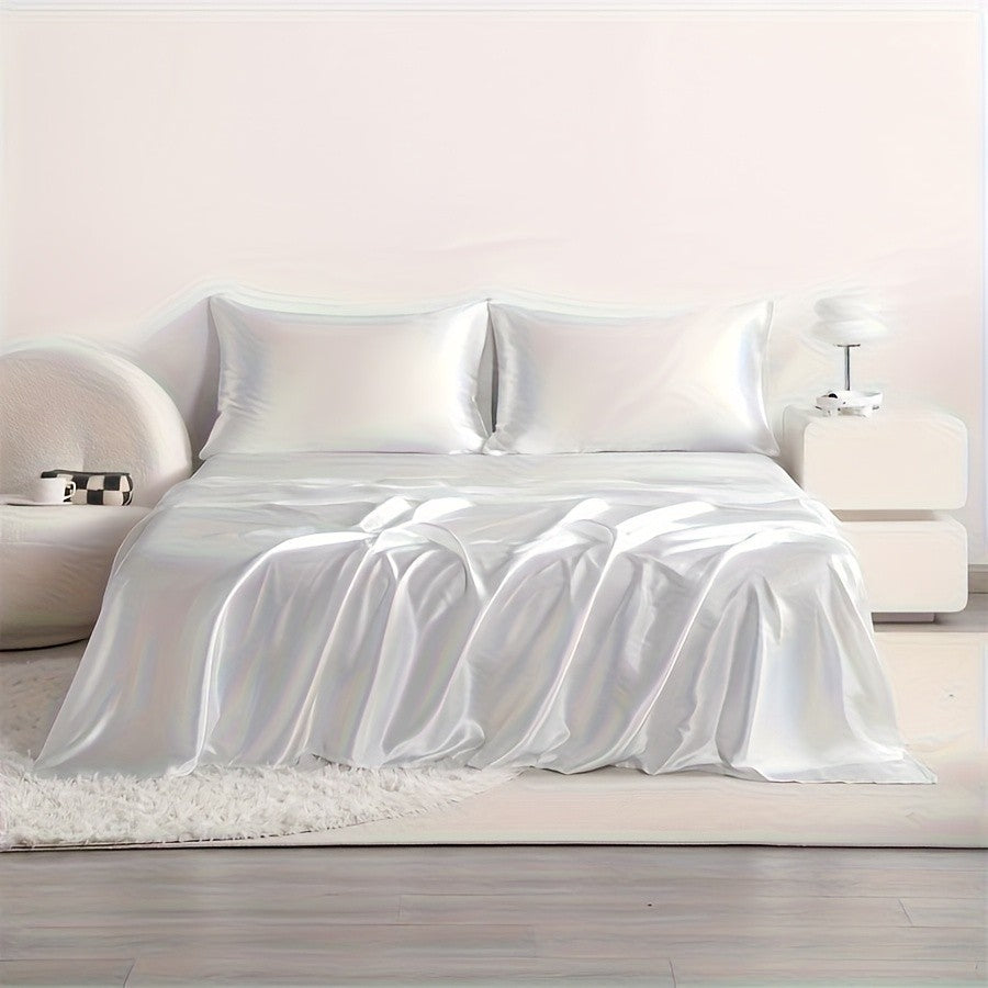 4pcs Cooling Satin Bed Sheet Set, Shrink-Resistant, Fade-Resistant, Hypoallergenic, Breathable, Flat Sheet & Fitted Sheet & Pill