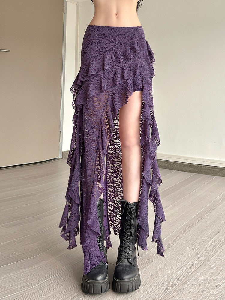 Nibber Tassels Women Skirts Irregular Hem Multi-Layered Ruffles Lace Patchwork Sweet Summer Trend Daily Skinny Versatile Bottoms