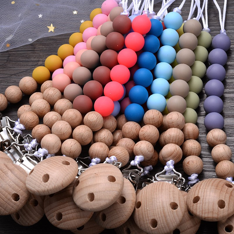 Handmade Beech Wood Baby Pacifier Chain Round Silicone Beads Infant Appease Soother Clips Anti-Drop Dummy Holder Nipple Clip
