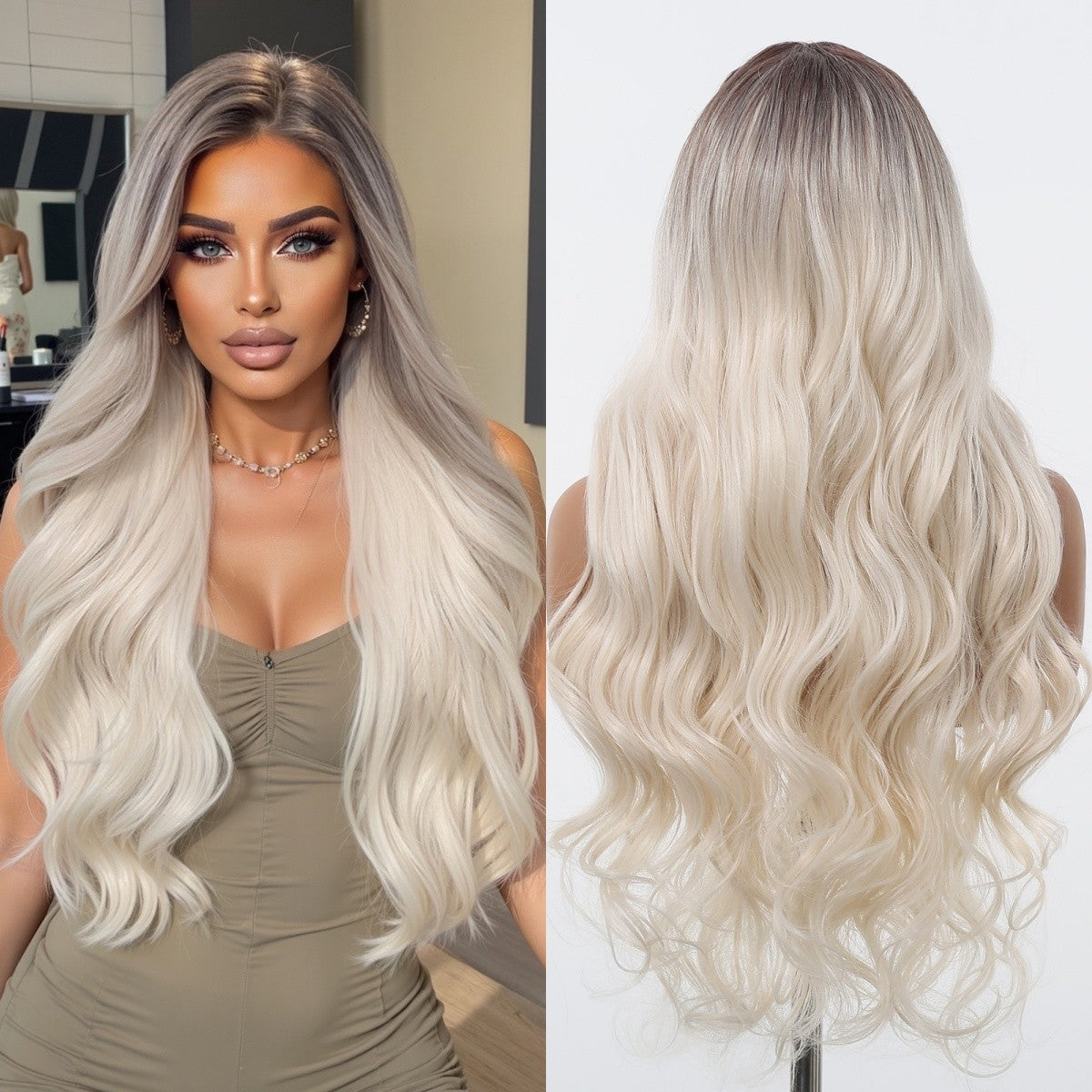 HENRY MARGU Peruca Frontal Lisa Ondulada Marrom Mista Longa Peruca Sintética Natural Ondulada 13x4 Frontal de Renda Cabelo Falso para Mulheres Raiz Escura