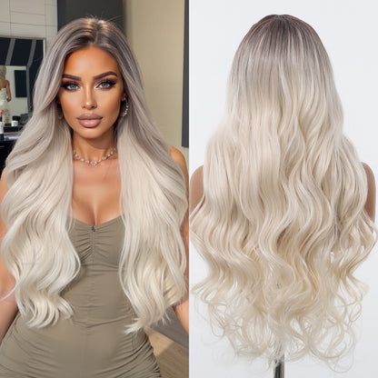 HENRY MARGU Peruca Frontal Lisa Ondulada Marrom Mista Longa Peruca Sintética Natural Ondulada 13x4 Frontal de Renda Cabelo Falso para Mulheres Raiz Escura
