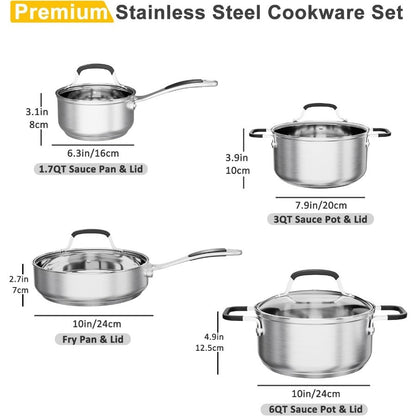 Conjunto de Panelas de Aço Inoxidável, 8 Peças, Atóxico, Base de 5 Camadas, Conjunto de Panelas de Cozinha, Conjunto de Panelas de Indução, Atóxico 18/8