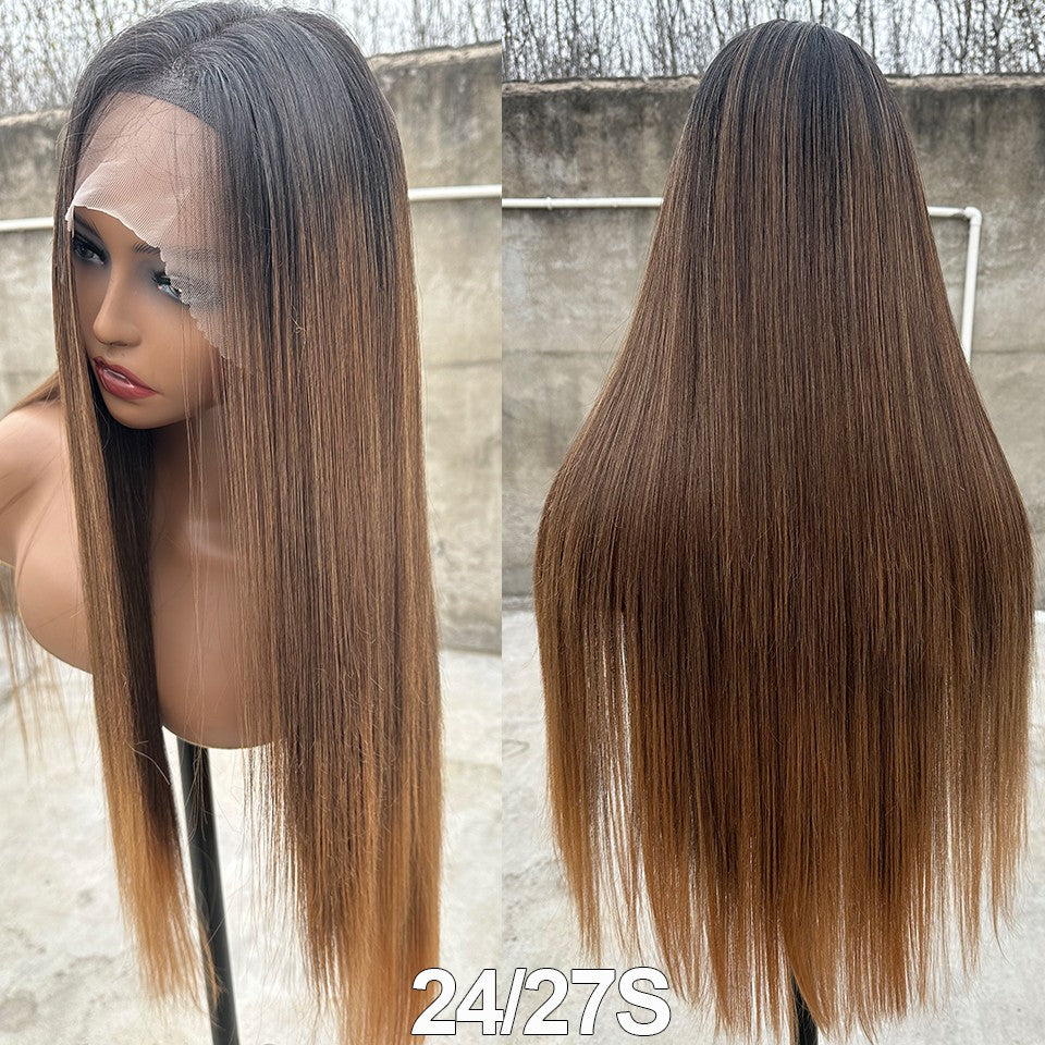 Perucas Frontais de Renda Reta de 30 polegadas 13X4 Castanho Claro P12/24 Ombre Coloridas Pré-selecionadas Macias Naturais de Alta Temperatura para Cosplay
