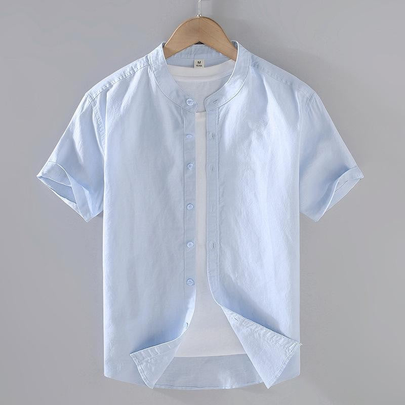 Cotton Linen Hot Sale Men's Short-Sleeved Shirts Summer Streetwear Plain Color Stand Collar Casual Beach Style Plus Size M-3XL