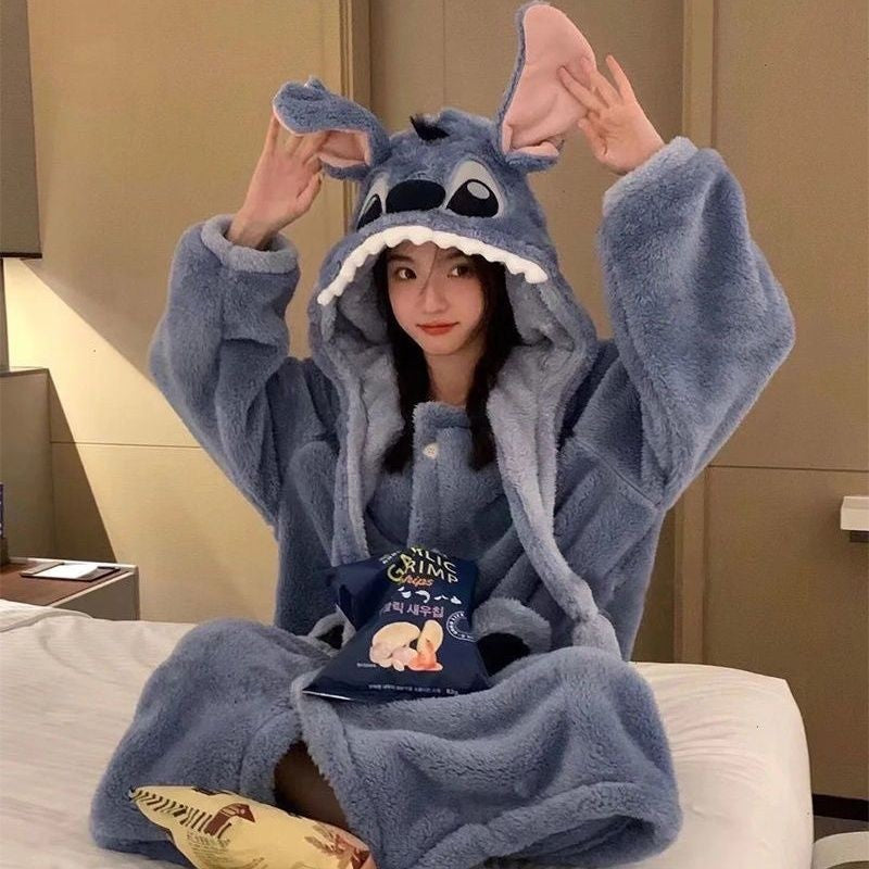 Disney Stitch Winter Pajamas Cartoon Autumn And Winter Cute Coral Thickened Velvet Long Home Clothes Pajamas Girls Home Clothes