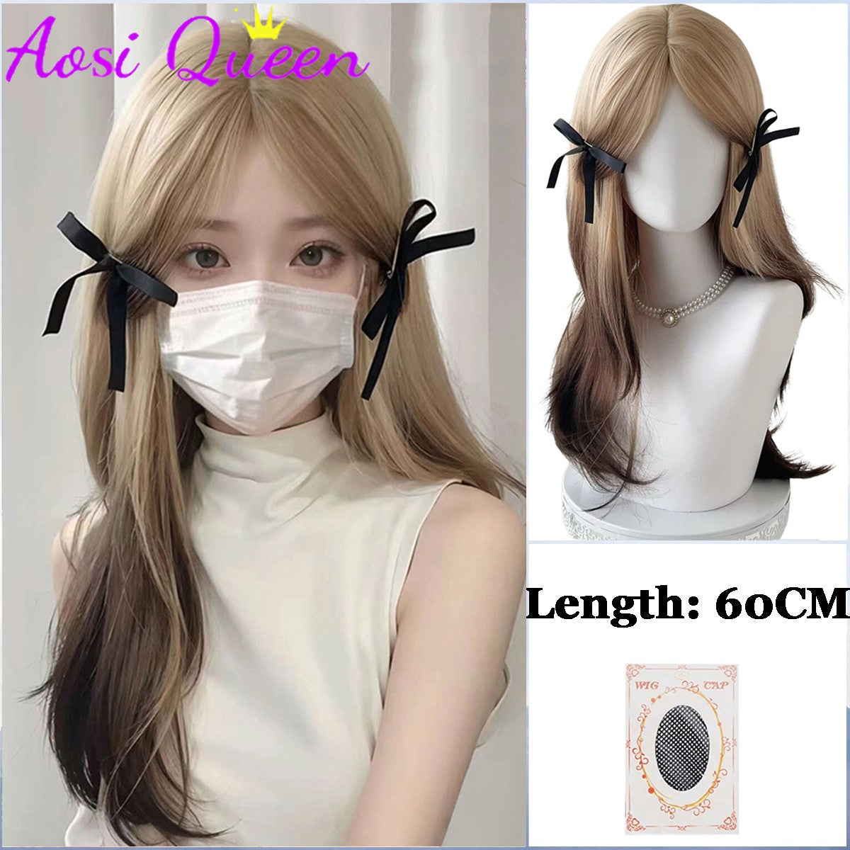 AOSI Synthetic Mint Green Wig Long Hair Summer Thin Bangs Long Straight Hhair Daily Party Cos Wig