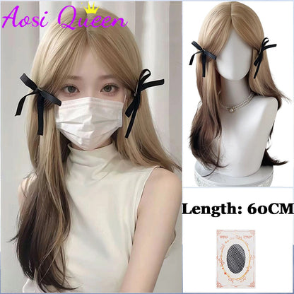 AOSI Synthetic Mint Green Wig Long Hair Summer Thin Bangs Long Straight Hhair Daily Party Cos Wig