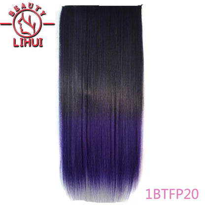 Extensões de cabelo sintéticas com clipe, longas e lisas, com 5 clipes em uma única peça, extensões de cabelo multicoloridas LIHUI