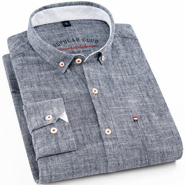 Men‘s Solid Button-Down Collar Dress Shirt - Breathable Cotton-Linen Blend - Long Sleeve, Slim-fit - Spring Summer Casual Chic