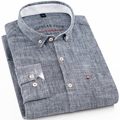 Men‘s Solid Button-Down Collar Dress Shirt - Breathable Cotton-Linen Blend - Long Sleeve, Slim-fit - Spring Summer Casual Chic