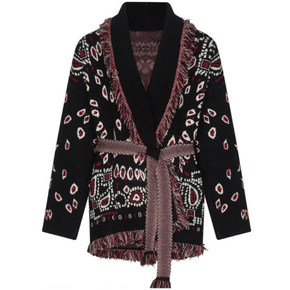 Knitted Print Lace-up Cardigan Coat Women's Elegant V-neck Tassels Full Sleeve Belted Sweaters 2025 Autumn New Ladies Outwear