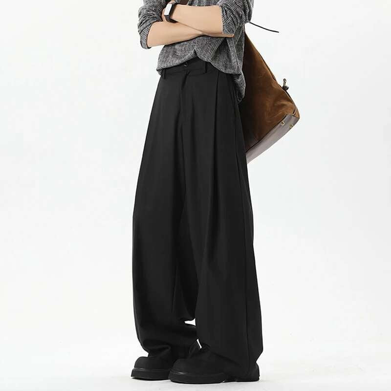 IEFB American Style Men's Suit Trousers Pleated Design Wide Leg Solid Color Button Casual Bottom Straight New Male Pants 9W766