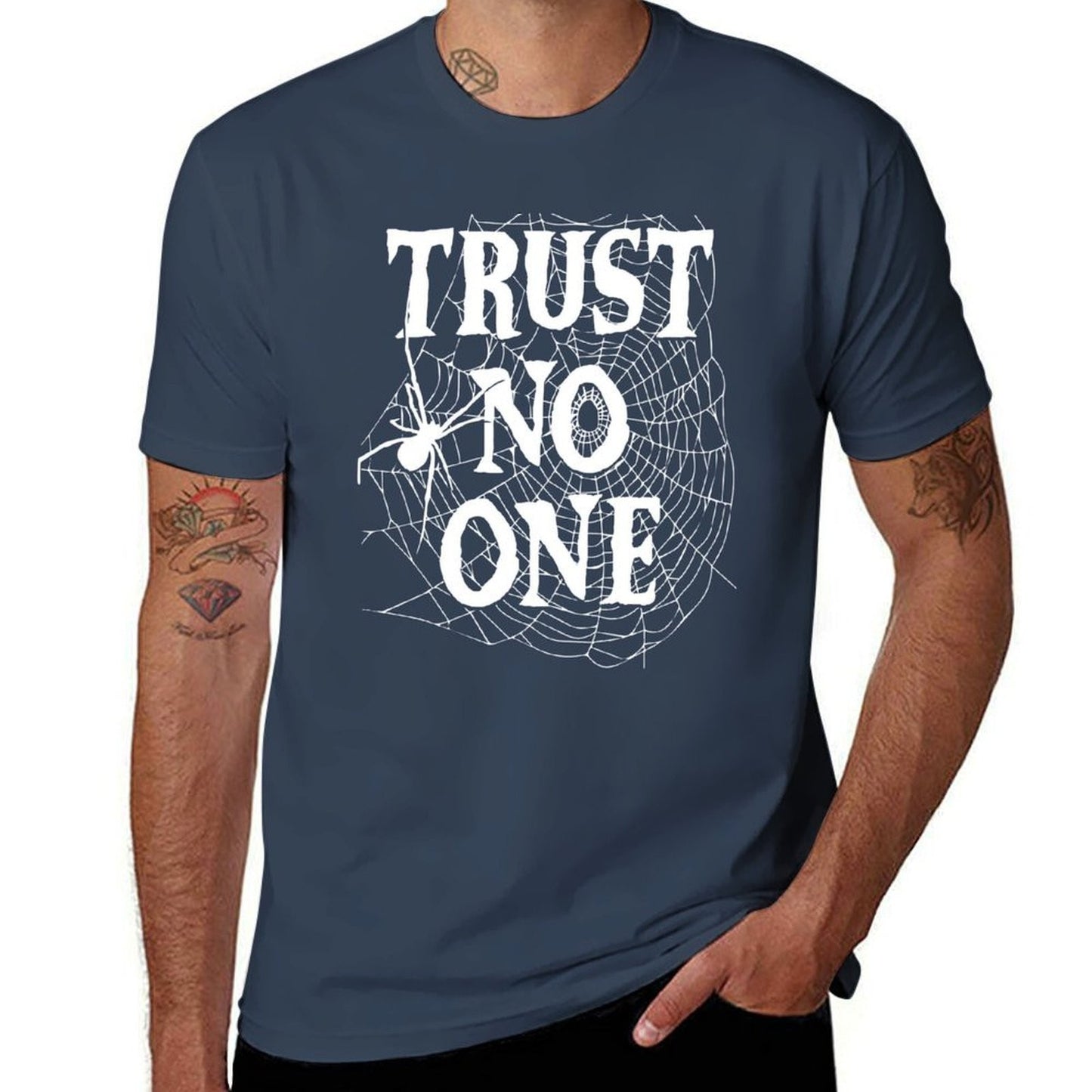 Trust No One Spider in a Spiderweb Quote T-Shirt man t shirts cotton black cotton t-shirt plain for man package T-Shirt