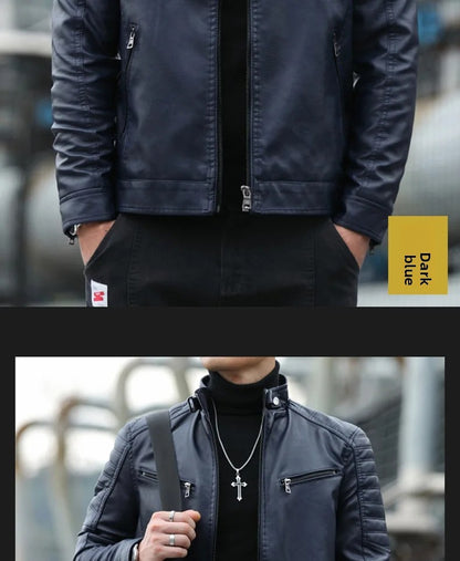 Men's Fleece Lined Biker Jacket Stand Collar Casual Versatile Spring Autumn Leather Coat for Students Fashionable Outerwear