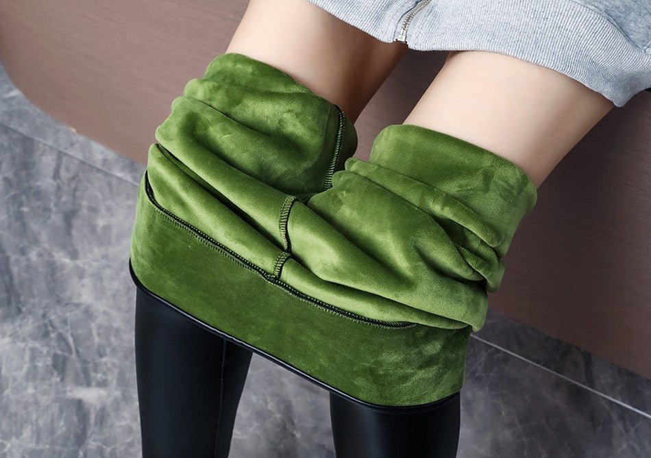 2024 Autumn Winter Velvet Thick Warm Leather Pants Women Elastic PU High Waist Leggings Black Casual Slimming Fleece Trousers