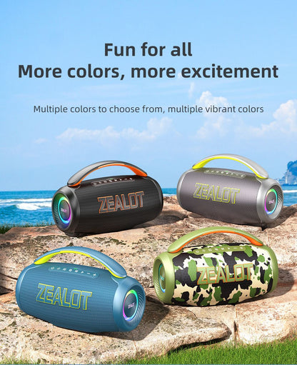Caixa de Som Portátil Bluetooth Zealot P12 60W com IPX6 à Prova d'Água, Alça Confortável, Iluminação Controlável, TWS, AUX