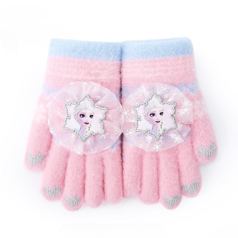 Disney Frozen Elsa desenho animado fofo e feminino coração outono e inverno luvas infantis grossas e quentes à prova de frio com dedos inteiros para atividades ao ar livre