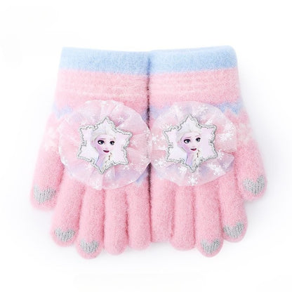 Disney Frozen Elsa desenho animado fofo e feminino coração outono e inverno luvas infantis grossas e quentes à prova de frio com dedos inteiros para atividades ao ar livre