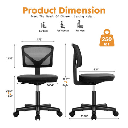 Cadeira de Escritório JHK Mesh com Suporte Lombar, Sem Braços, Encosto Baixo com Rodas, Altura Ajustável, Rotação Giratória 360°, Cadeira de Computador