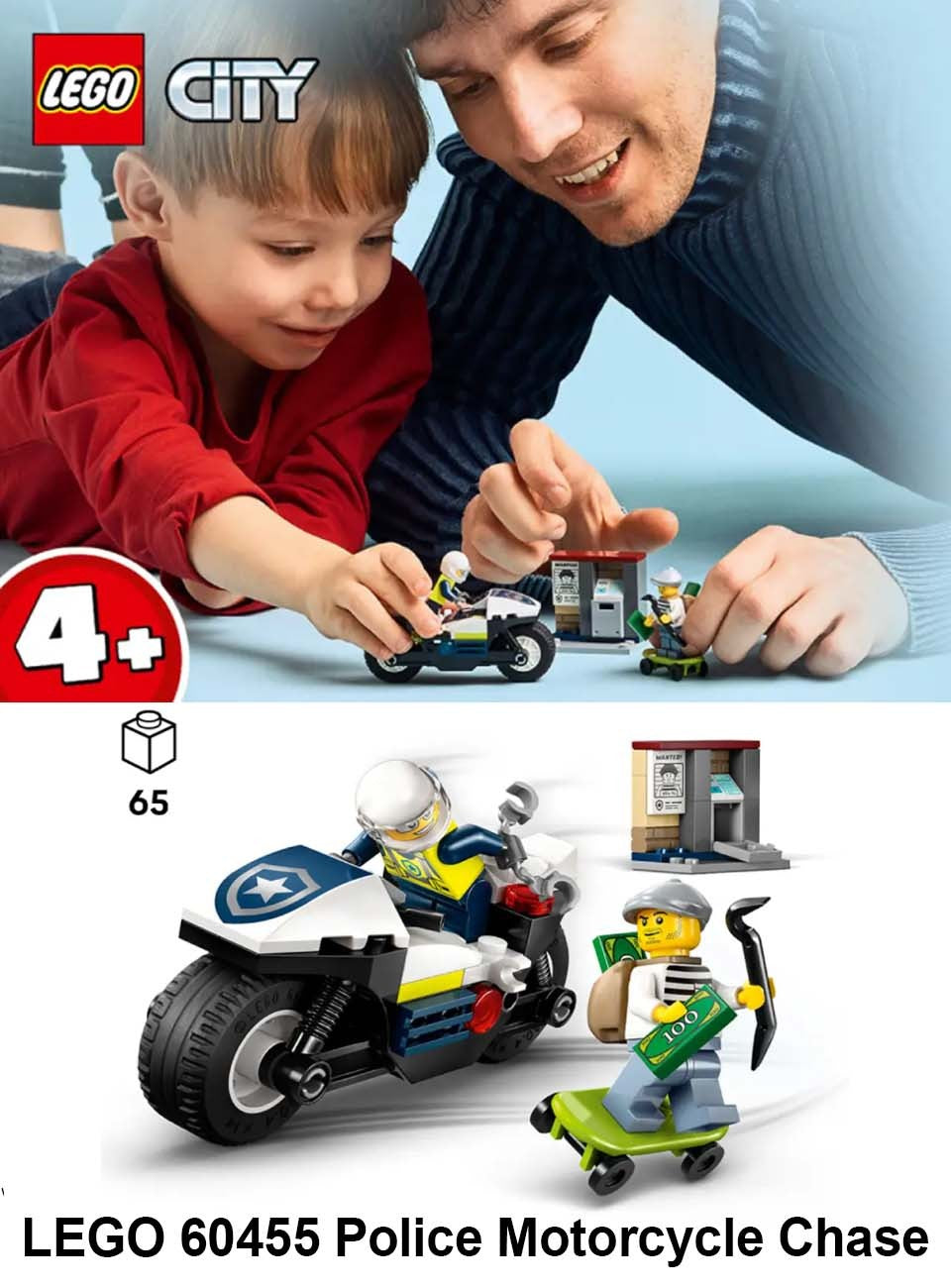 LEGO 60455 City Perseguição Policial de Moto, Brinquedo de Construção para Crianças - Blocos de Montar para Brincadeiras de Faz de Conta para Meninos e Meninas, Presente de Aniversário