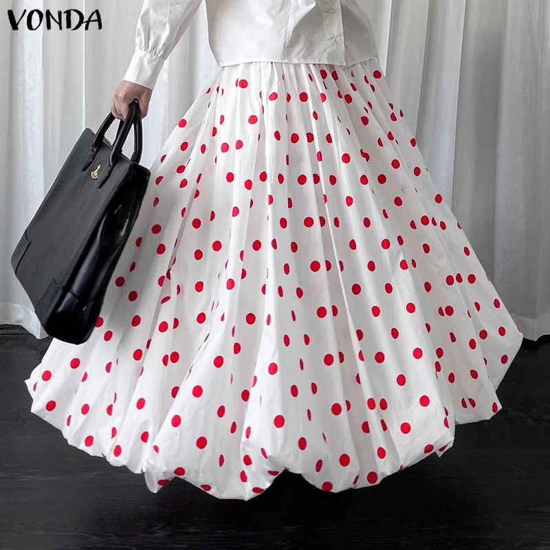 VONDA Polka Dot Bohemian Long Skirts Women Oversize Casual Elastic Waist Jupes Faldas Saia 2025 Autumn Maxi Skirt Plus Size 5XL