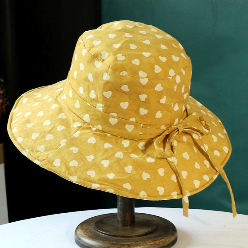 Chapéu feminino de verão, estampa de coração, aba grande para proteção solar, chapéu de sol de algodão e linho à prova de sol, chapéu de pescador dobrável