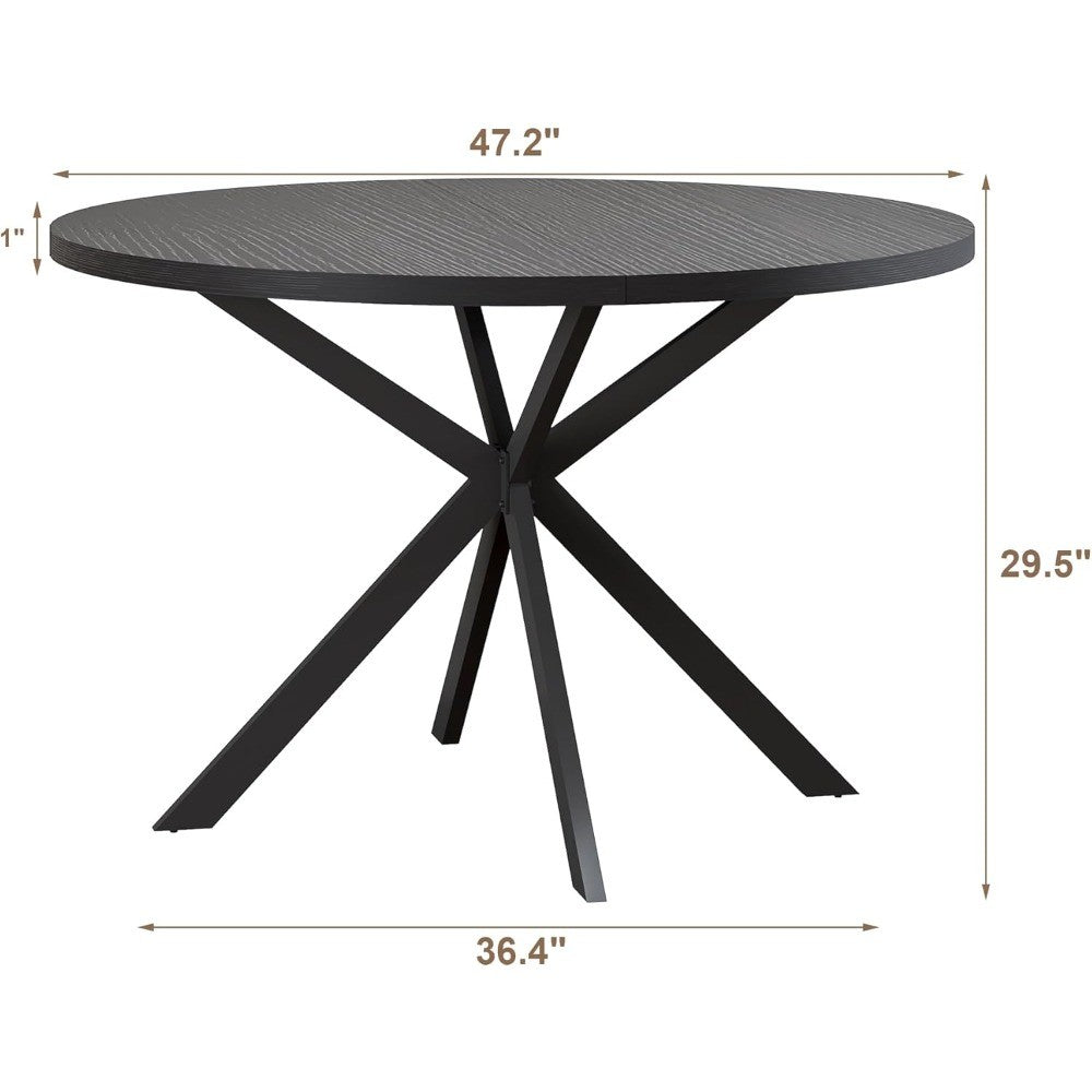 47.2 Inch Round Farmhouse Dining Table, Wooden Kitchen Table for 4, Black Circle Table for Dining Room