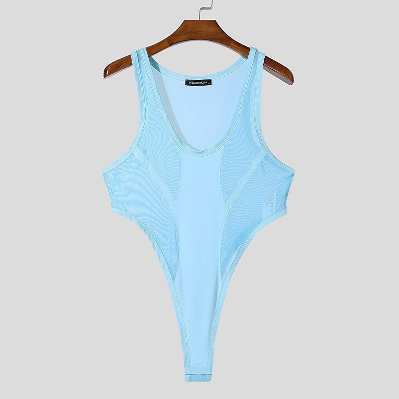 INCERUN American Style Bodysuits Fashion Mens Mesh Splicing Side High Slit Triangle Jumpsuits Sexy Homewear Sleeveless Jumpsuits
