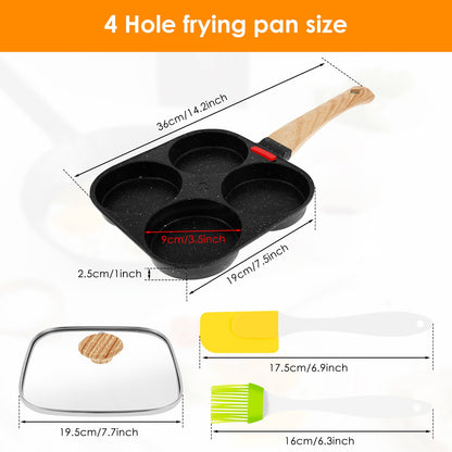 Frigideira Antiaderente para Fritar Ovos 4 Copos com Pincel de Óleo e Tampa, Frigideira de Omelete e Panqueca para Fogão a Gás e Indução