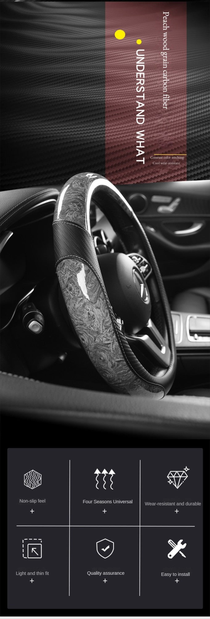 Capa para Volante de Carro com Acabamento em Madeira de Pêssego Antiderrapante para Todas as Estações Capa Universal para Volante Automotivo  Serve em Volantes de 14,5-15"
