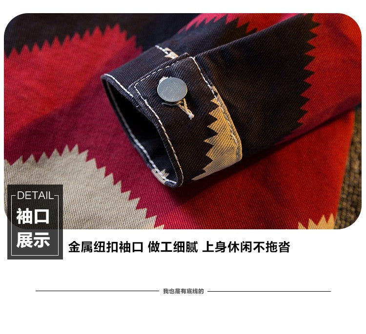 American Retro Diamond Denim Shirt Men Clothing Autumn Polo Neck Trendy High Strret Loose Casual Blouses Cargo Jacket for Men