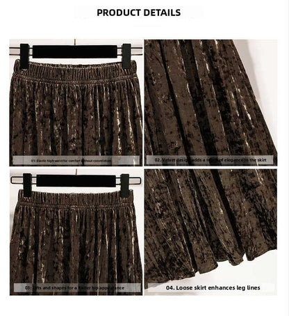 Plus Size Plus Size Women's Velvet Pleated A- Line Midi Skirt Autumn Winter Slimming Half-length Versatile Fashionable Commut...