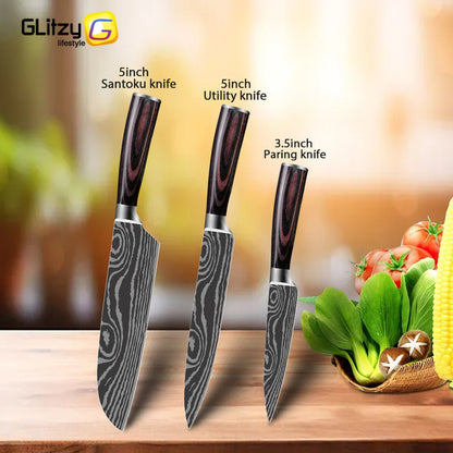Conjunto de Facas Japonesas com Bloco e Amolador de 8 polegadas, Facas de Cozinha de Aço Damasco a Laser com Tesoura de Cozinha e Cabo de Madeira