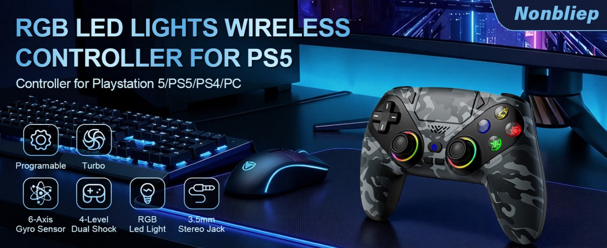 Gamepad For Playstation 5 PS5 Pro/Slim/PC,RGB Wireless Controller  6-Axis Gyro Dual Shock Turbo&Marco Programable Game Controle