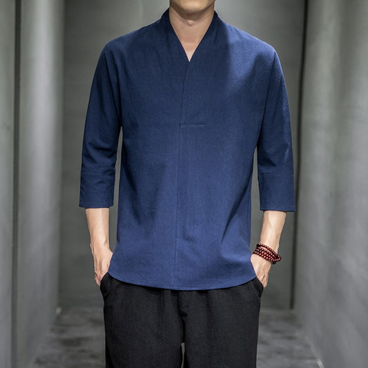 Shirts Men Solid Pullover V Neck Three Quarter Mens Kimono Shirts Traditional Streetwear Blouse Chinese Style Linen Shirts Man