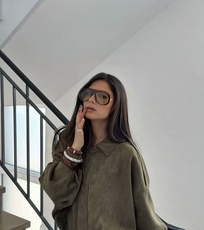 Women's Jacket Fall 2025 New Solid Color Long-Sleeved Faux Suede Loose Bomber Jacket Casual Fashion Personality Versatile