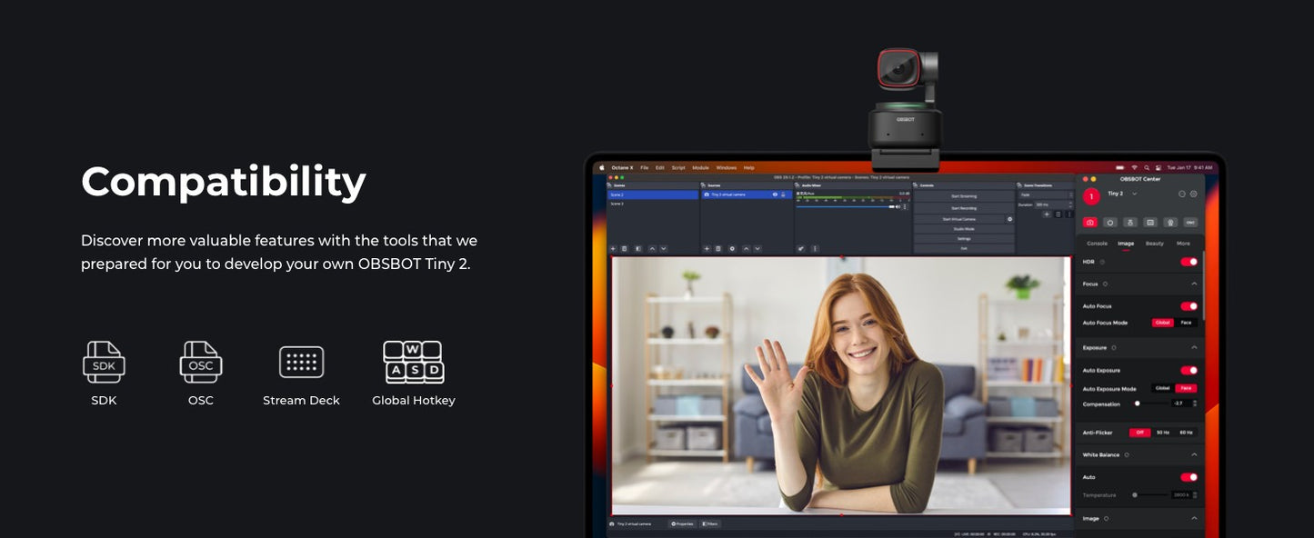 OBSBOT Tiny 2 Webcam 4K Voice Control PTZ, AI Tracking Multi-Mode & Auto Focus, Web Camera with 1/1.5" Sensor, Gesture Control,