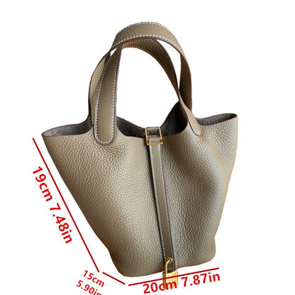 Stylish Handbag, Unique Bucket Classic Shopping Tote Bag, Soft PU Litchi Pattern Basket Women Bag with Lock Small Horse Scarves